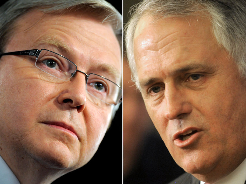 Links premier Kevin Rudd, rechts oppositieleider Malcolm Turnbull. 
